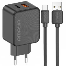 Мережевий зарядний пристрій Amaya E113UC PD25W+QC3.0 (1USB-A/1C) + кабель USB to Type-C Black