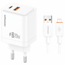 Сетевое зарядное устройство Amaya E77D PD20W+QC3.0 (1USB-A/1C) + кабель USB to Lightning - White