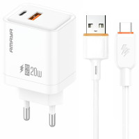 Сетевое зарядное устройство Amaya E77D PD20W+QC3.0 (1USB-A/1C) + кабель USB to Type-C White