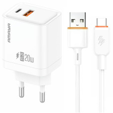 Сетевое зарядное устройство Amaya E77D PD20W+QC3.0 (1USB-A/1C) + кабель USB to Type-C - White