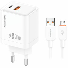 Сетевое зарядное устройство Amaya E77D PD20W+QC3.0 (1USB-A/1C) + кабель USB to MicroUSB - White