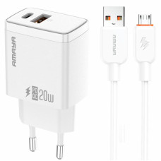 Сетевое зарядное устройство Amaya E67D PD20W+QC3.0 (1USB-A/1C) + кабель USB to MicroUSB - White