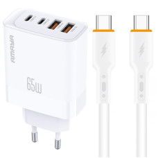Сетевое зарядное устройство Amaya E101F PD65W+QC3.0 GaN (2USB-A/2C) + кабель Type-C to Type-C - White