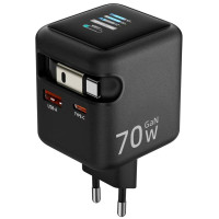Сетевое зарядное устройство Amaya E700D PD70W+QC3.0 GaN (1USB-A/1C) + Retractable Cable Type-C - Black