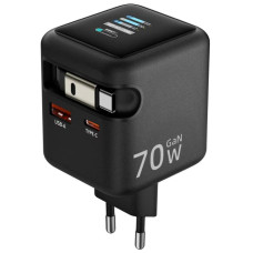 Сетевое зарядное устройство Amaya E700D PD70W+QC3.0 GaN (1USB-A/1C) + Retractable Cable Type-C - Black