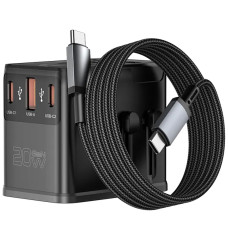 Сетевой универсальный переходник WIWU UA013 20W GaN + 1USB-A/2C with retractable cable Type-C - Black