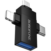 Перехідник Borofone BV26D 3in1 Lightning male/Type-C male/Micro male to USB2.0 female - Black