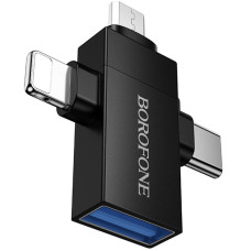 Переходник Borofone BV26D 3in1 Lightning male/Type-C male/Micro male to USB2.0 female - Black