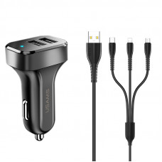 Автомобильное зарядное устройство Usams C13 2.1A Dual USB + U35 3IN1 Charging Cable (1m) - Черный