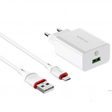 Сетевое зарядное устройство (зарядка) Borofone BA21A Long journey QC3.0 (1USB/3A) + MicroUSB - Белый